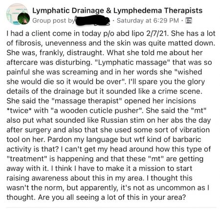 Facebook Post by a lymphatic therapist about the horrors of Incisional Drainage