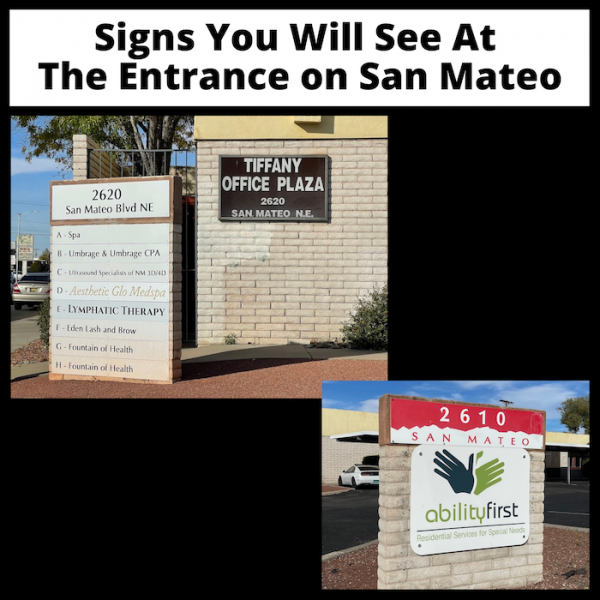 SIgn at entrance to new location Pain & Swelling Solutions 2620 San Mateo Suite E Albuquerque