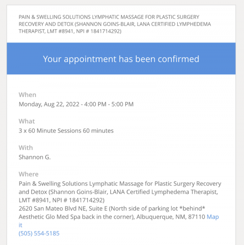 appointment notification email for lymphatic massage