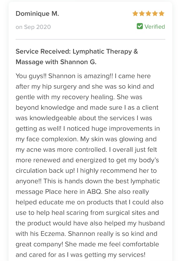 Certified Lymphatic Therapist MLD Manual Lymphatic Drainage post op plastic surgery Albuquerque review